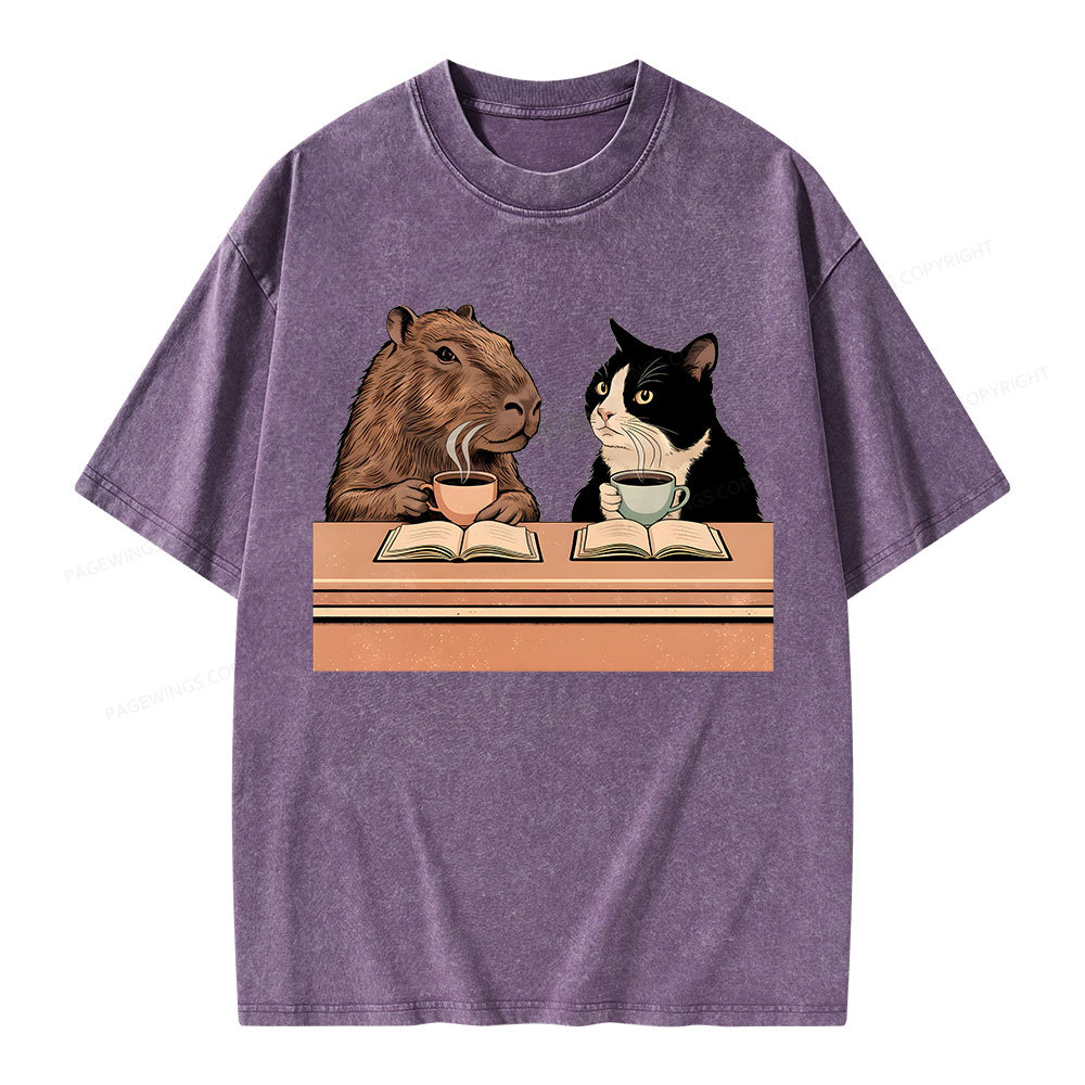 Pagewings Capybara and Tuxedo Cat Chilling with Coffee Unisex Washed T-shirt
