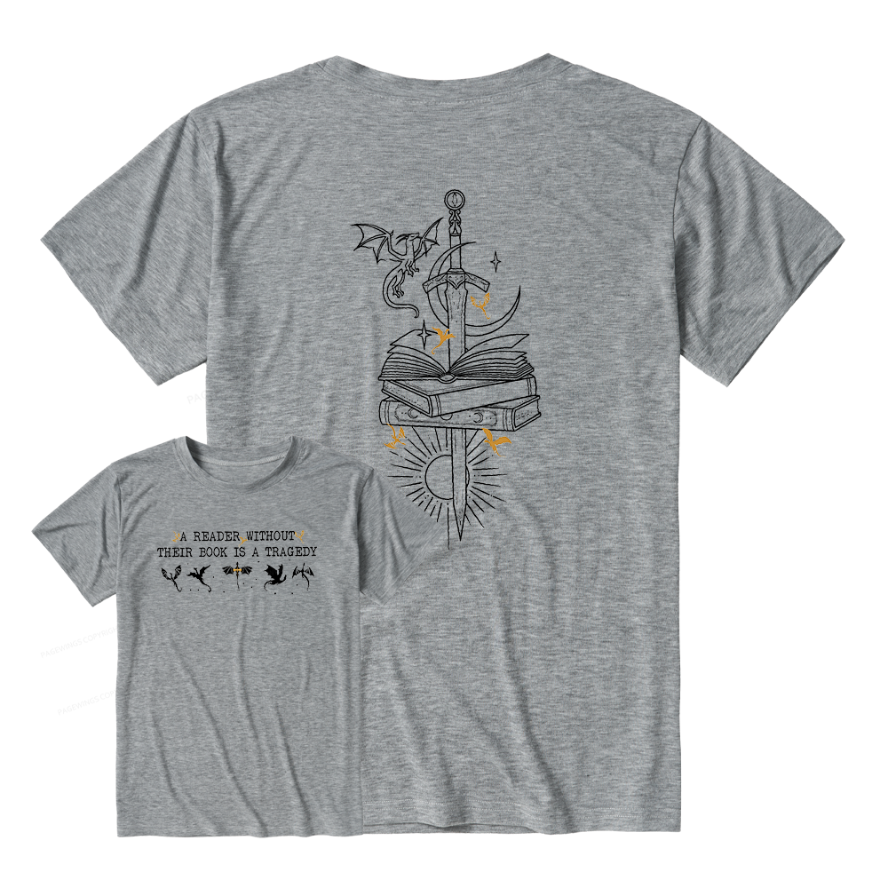 Pagewings A Reader Without Their Book Is A Tragedy Unisex Heather T-Shirt