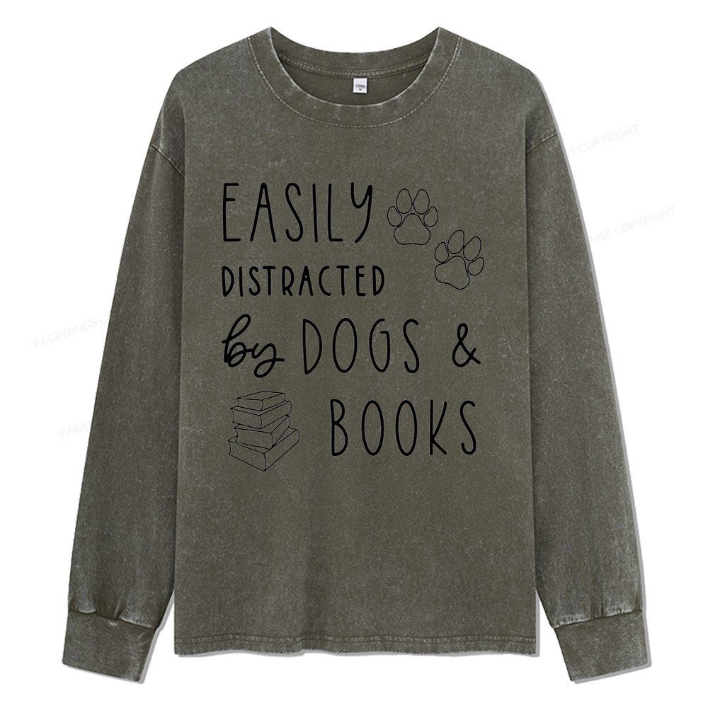 Pagewings Dogs And Books Unisex Washed Long Sleeve T-shirt
