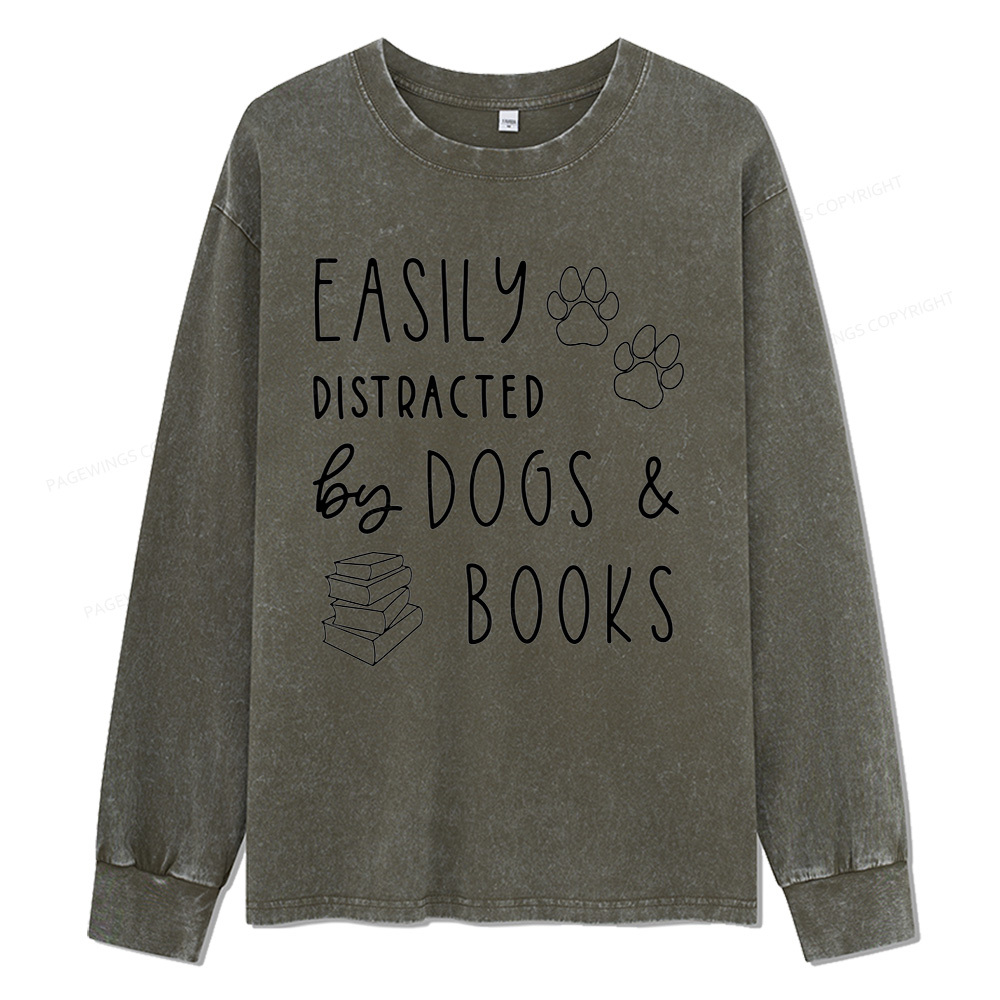 Pagewings Dogs And Books Unisex Washed Long Sleeve T-shirt