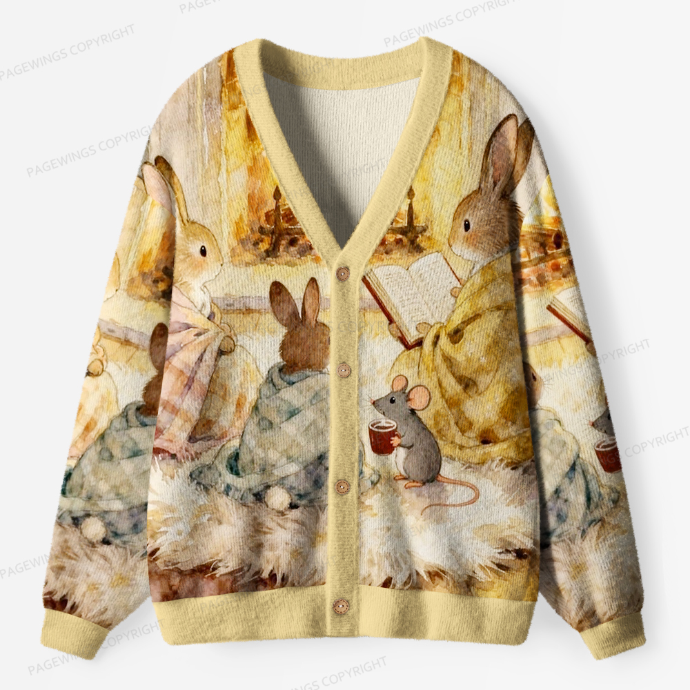 Pagewings Rabbit Loves Reading Unisex Ugly Cardigan Sweaters