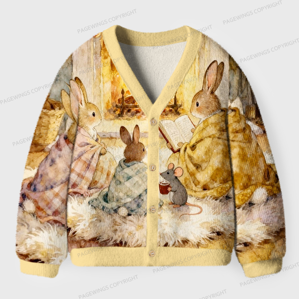 Pagewings Rabbit Loves Reading Unisex Ugly Cardigan Sweaters