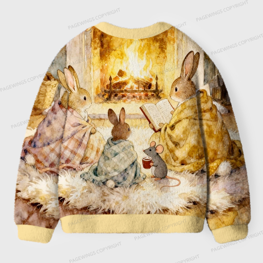 Pagewings Rabbit Loves Reading Unisex Ugly Cardigan Sweaters