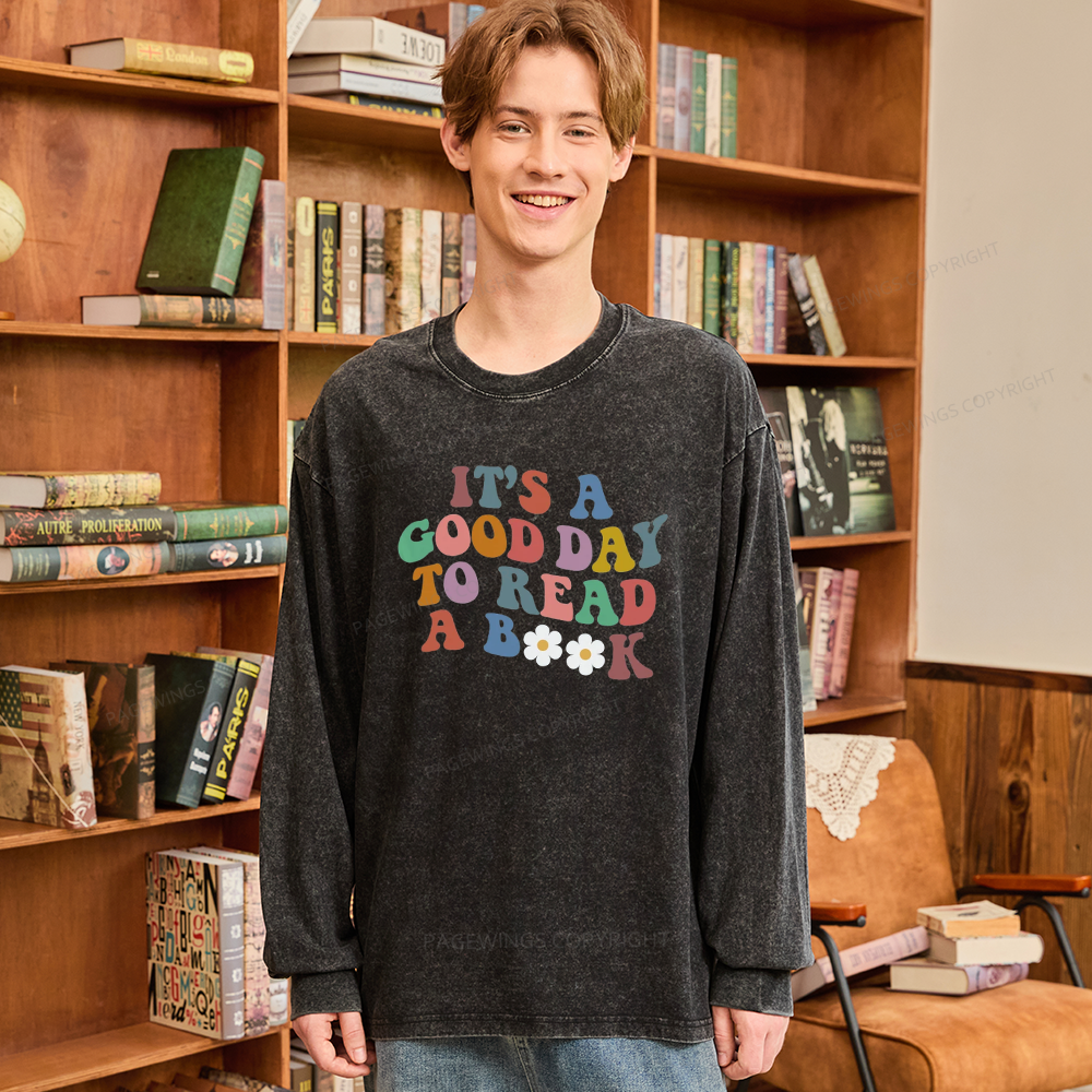 Pagewings It's A Good Day To Read A Book Unisex Washed Long Sleeve T-shirt