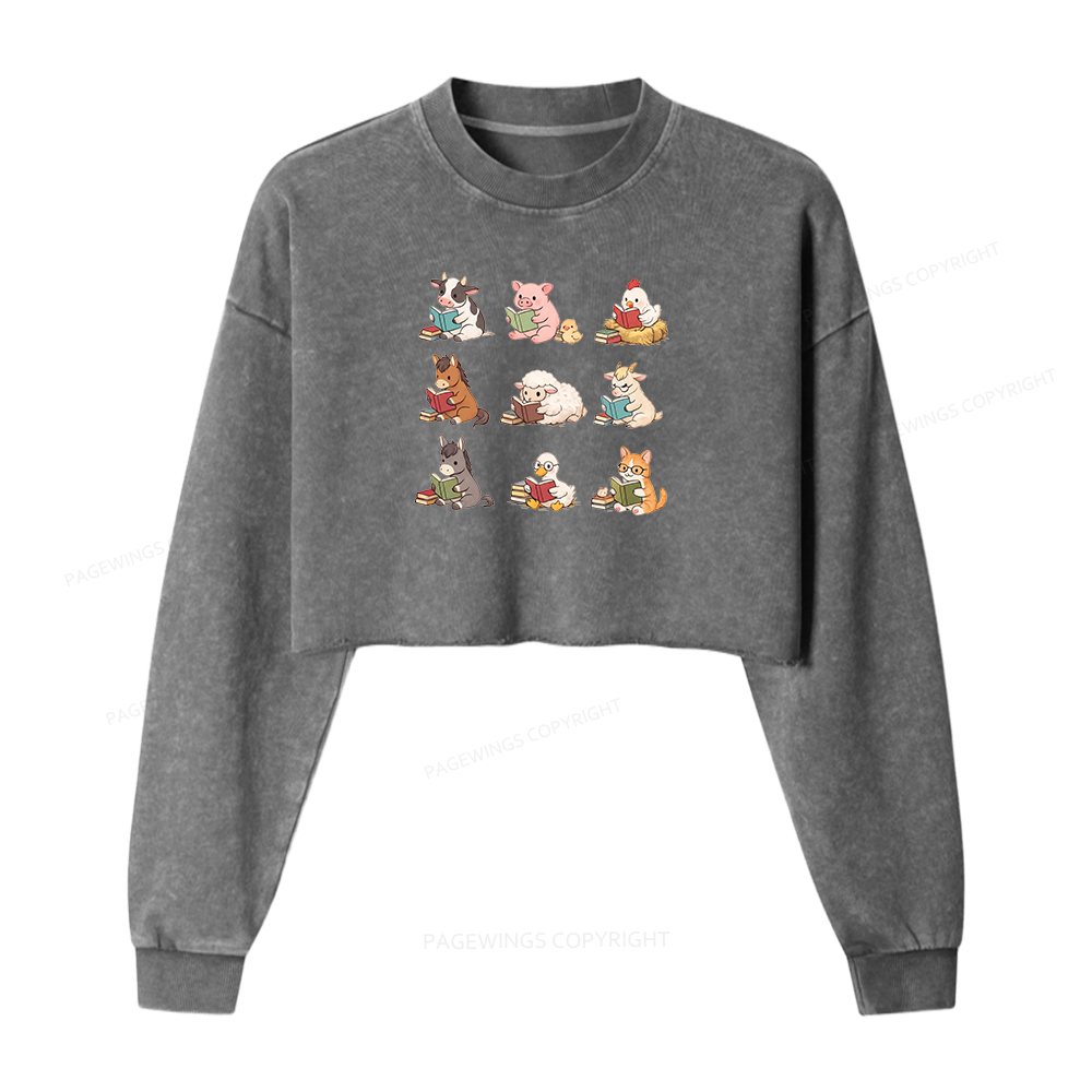 Pagewing Farm Animals Reading Washed Crop Sweatshirt