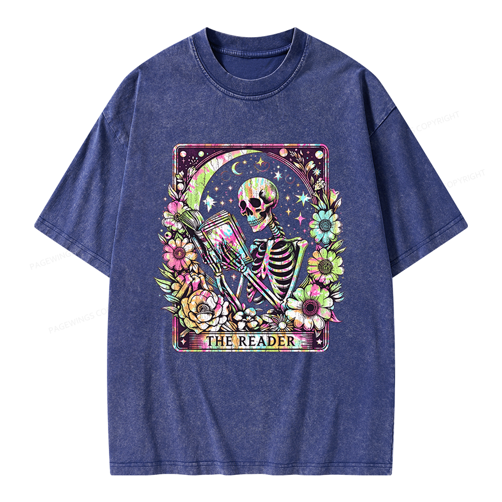 Pagewings The Reader Tarot Card Skeleton Reading Unisex Washed T-shirt