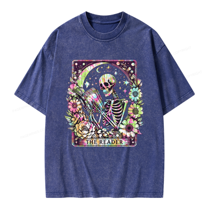 Pagewings The Reader Tarot Card Skeleton Reading Unisex Washed T-shirt