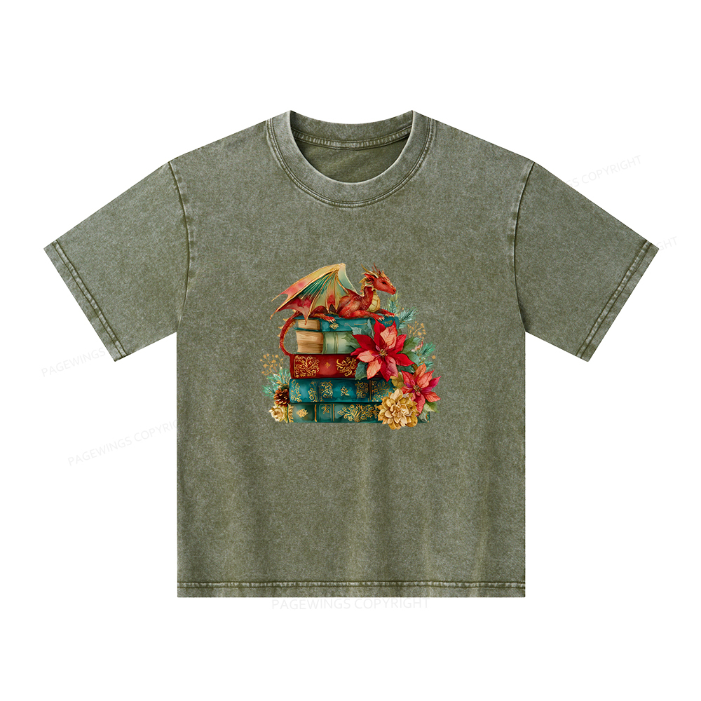 Pagewings Christmas Book Dragon Unisex Kids Washed T-shirt