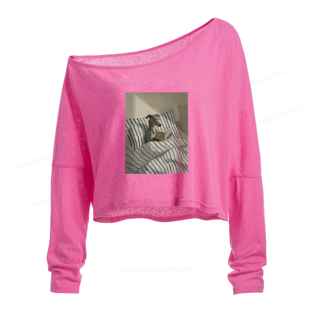 Pagewings Greyhound Dog Slouchy Long Sleeve Off Shoulder T-shirt