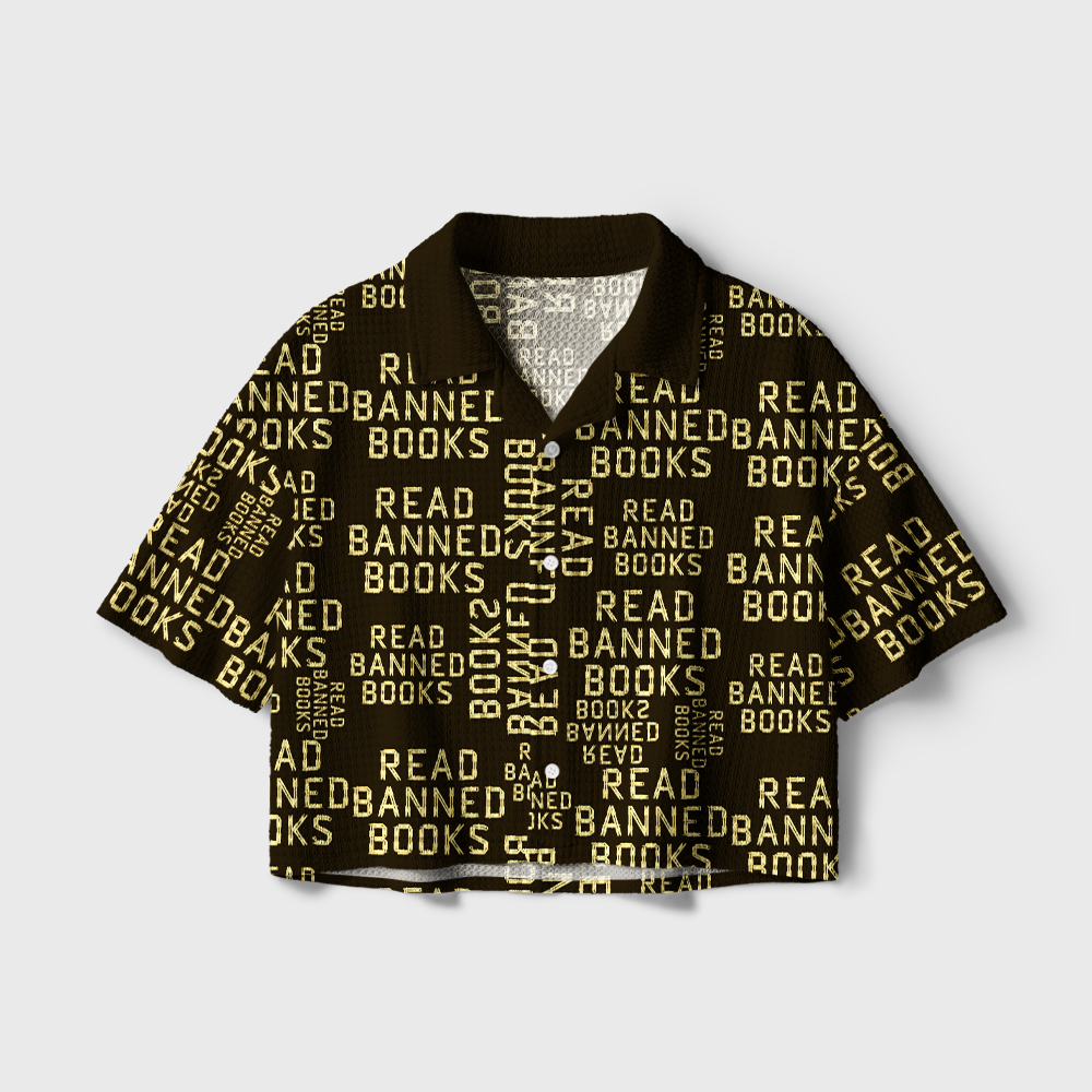 Pagewings Read Banned Books Camp Collar Boxy Fit Unisex Crochet Shirt