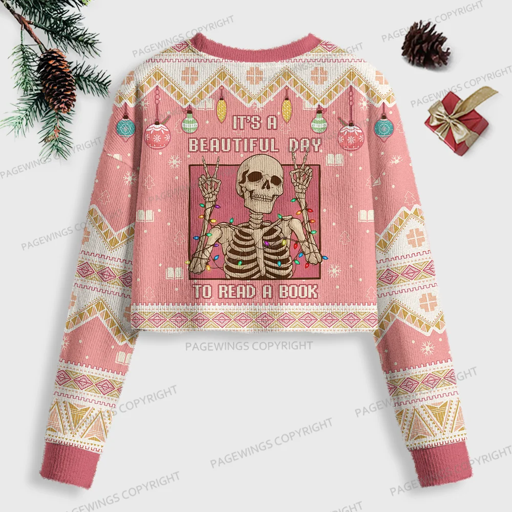 Pagewings It's A Beautiful Day To Read A Book Women Ugly Crop Sweatshirt