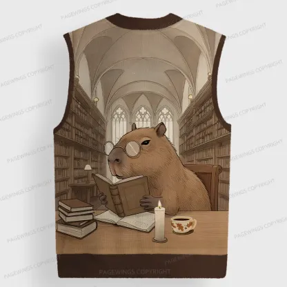 Pagewings Capybara Loves Reading Unisex V-Neck Ugly Knit Vest