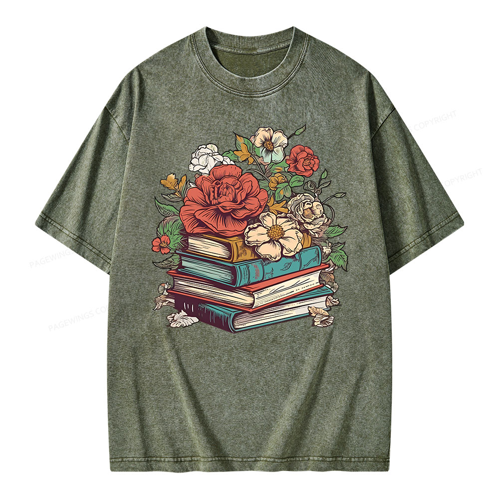 Pagewings Flower Books Unisex Washed T-shirt