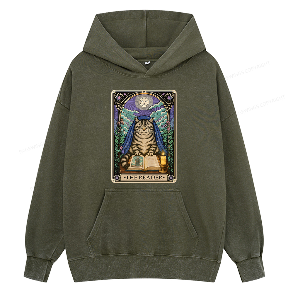 Pagewings The Reader Cat Tarot Cards Unisex Washed Hoodie