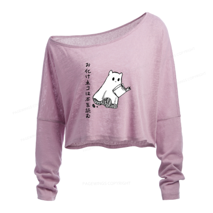 Pagewings Japanese Ghost Cat Reads a Book on Men's Premium Slouchy Long Sleeve Off Shoulder T-shirt