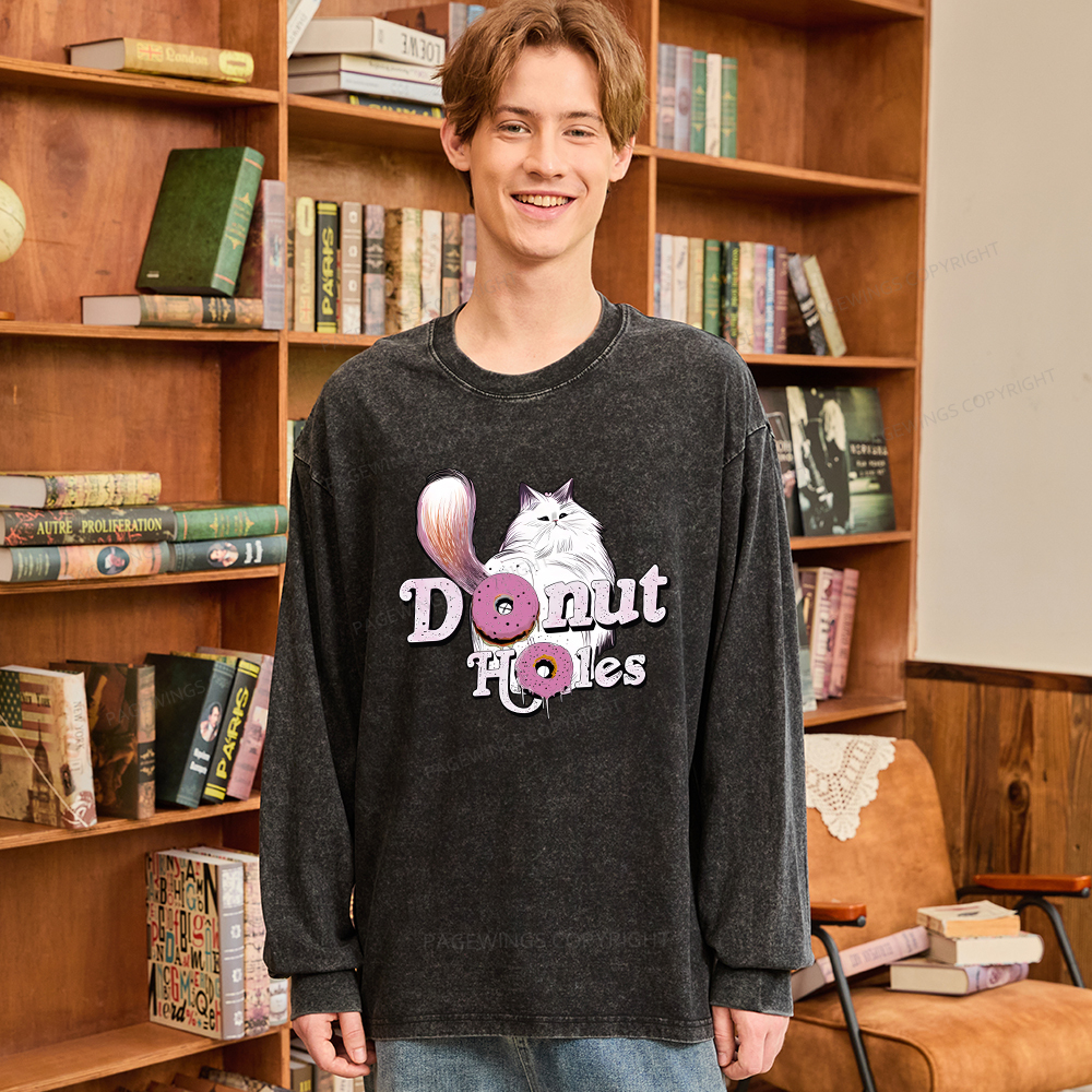 Pagewings Donut Cat Bookish Unisex Washed Long Sleeve T-shirt