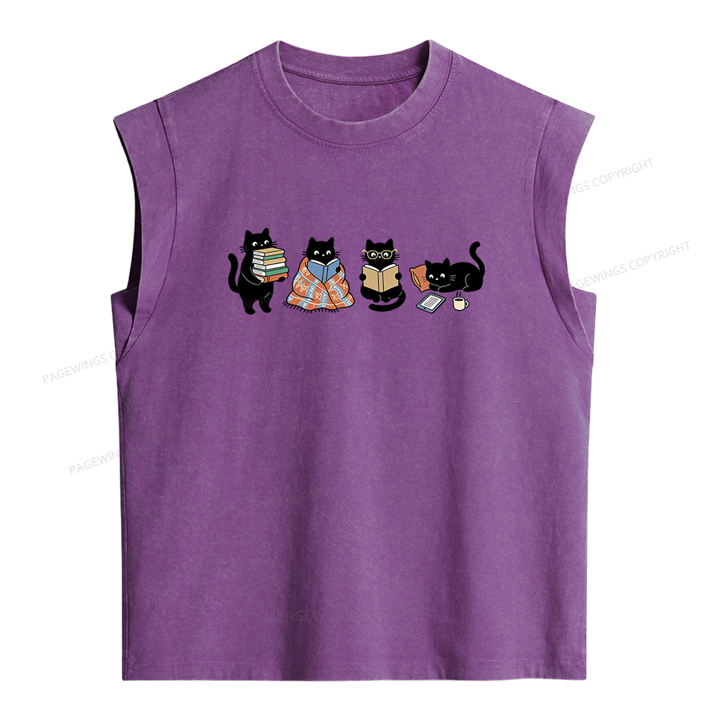 Pagewings Black Cats Reading Women's Washed Tank Top