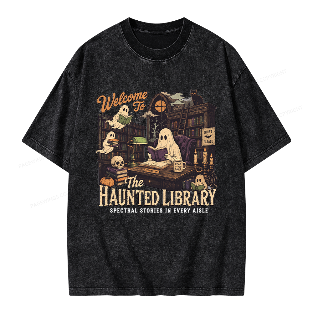 Pagewings Haunted Library Unisex Washed T-shirt