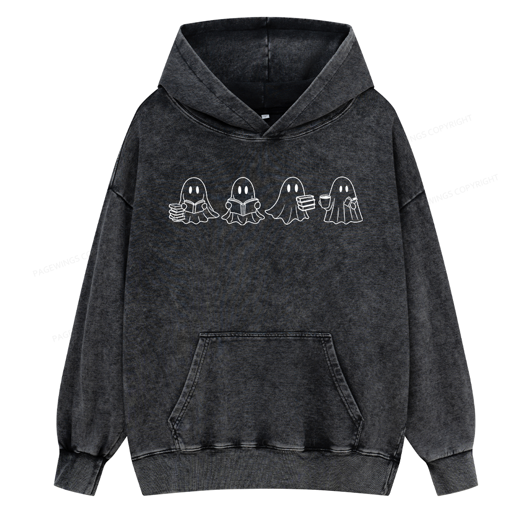 Pagewings Halloween Cute Ghost Reading Books Unisex Washed Hoodie