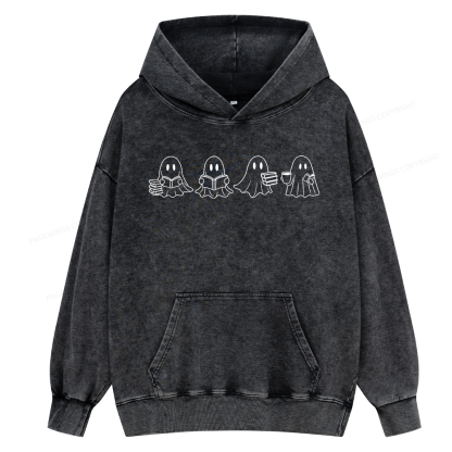 Pagewings Halloween Cute Ghost Reading Books Unisex Washed Hoodie