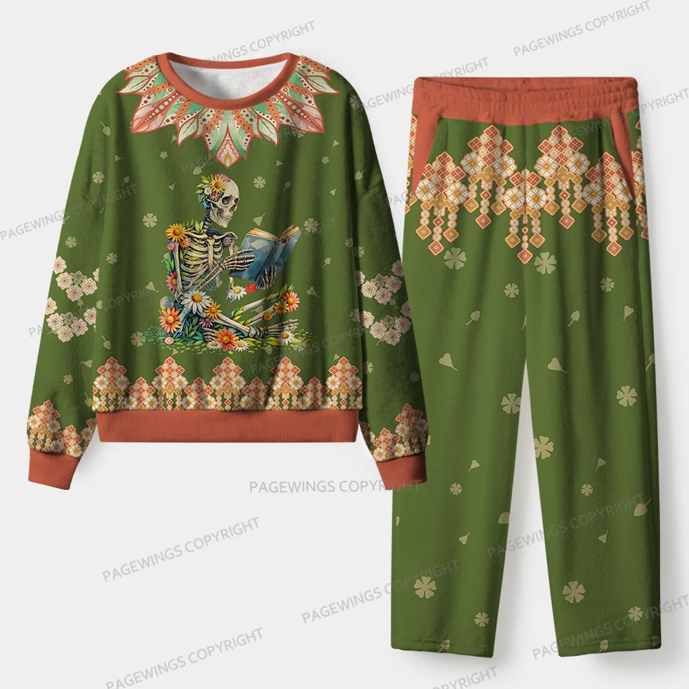 Pagewings Skeleton Reading Unisex Flannel Pajama Set
