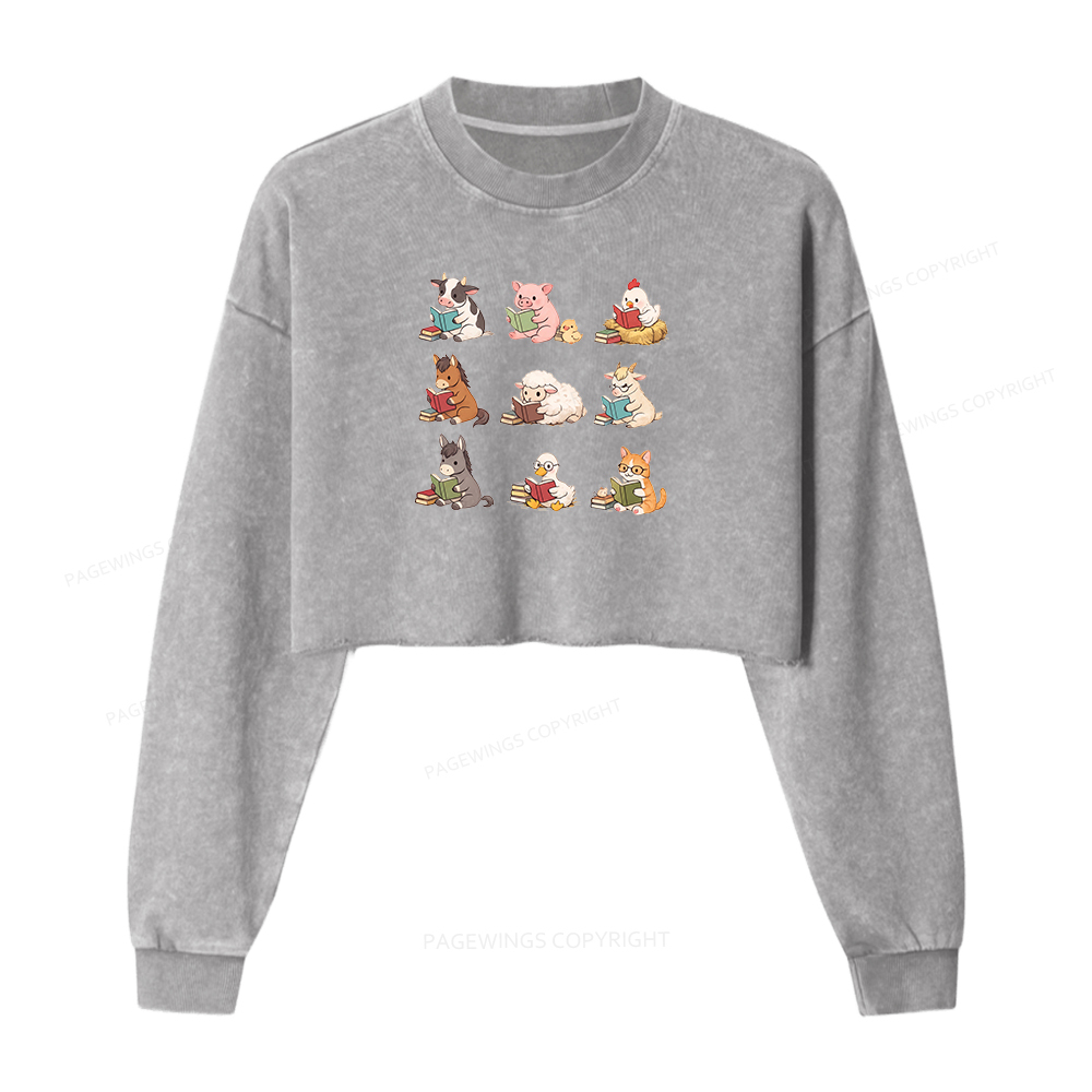 Pagewing Farm Animals Reading Washed Crop Sweatshirt