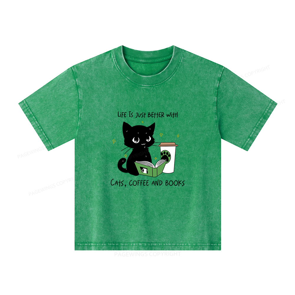 Pagewings Cats Coffee And Books Unisex Kids Washed T-shirt