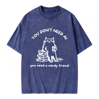 Pagewings Funny Cat Doodle Anti AI Unisex Washed T-shirt