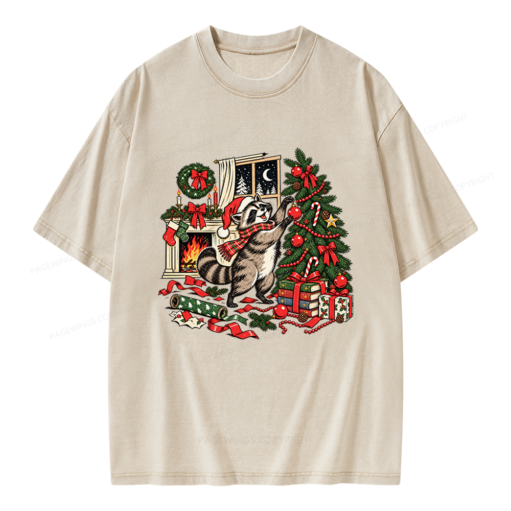 Pagewings Feral Raccoon Christmas Unisex Washed T-shirt