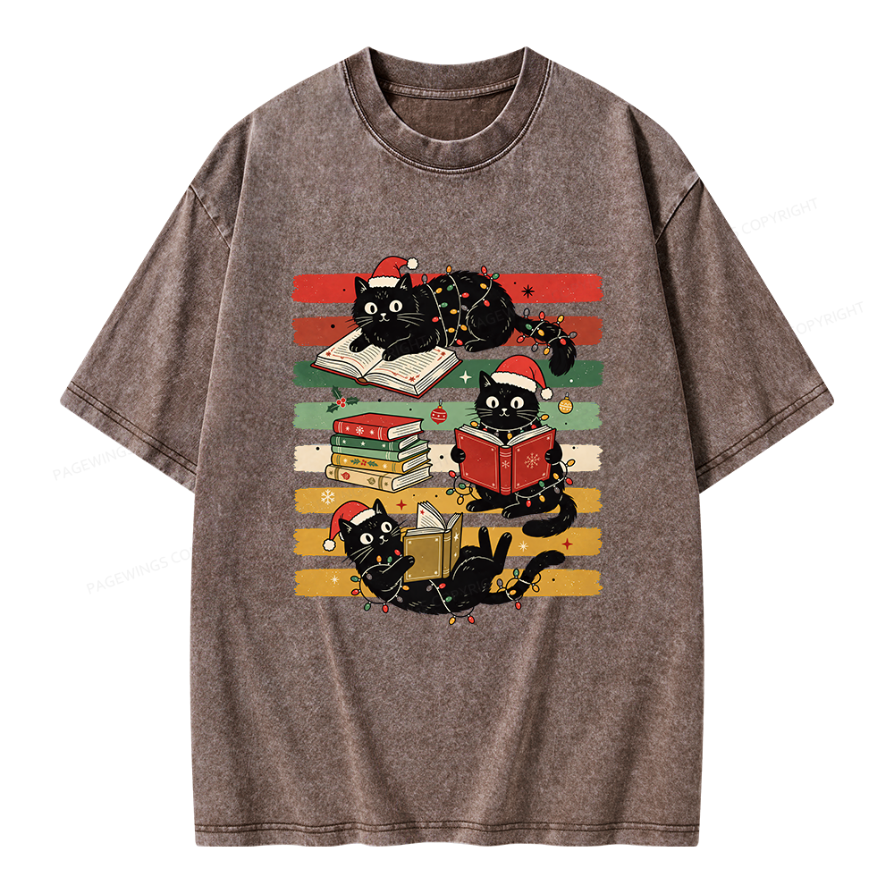 Pagewings Bookish Cat Christmas Unisex Washed T-shirt