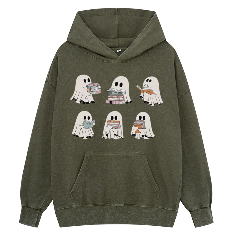 Pagewings Ghost Reading Halloween Unisex Washed Hoodie