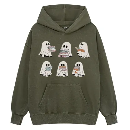 Pagewings Ghost Reading Halloween Unisex Washed Hoodie