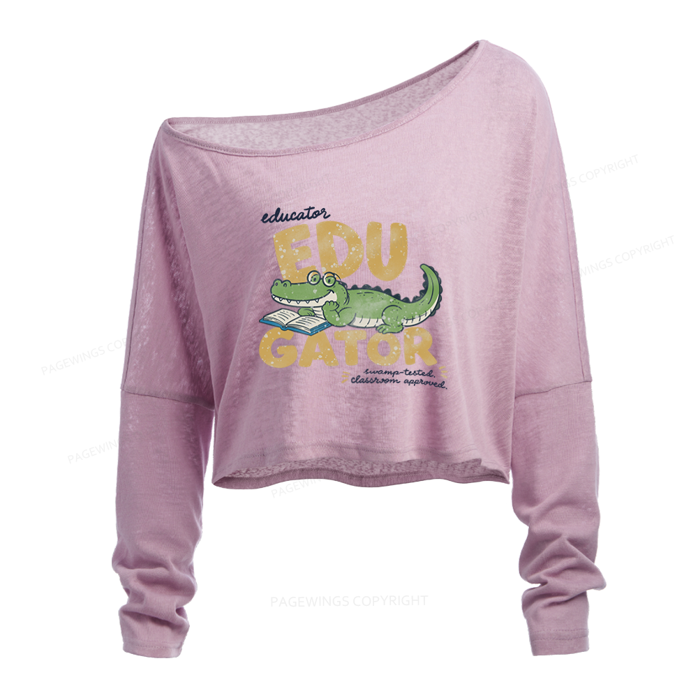 Pagewings Retro Alligator Teacher Slouchy Long Sleeve Off Shoulder T-shirt