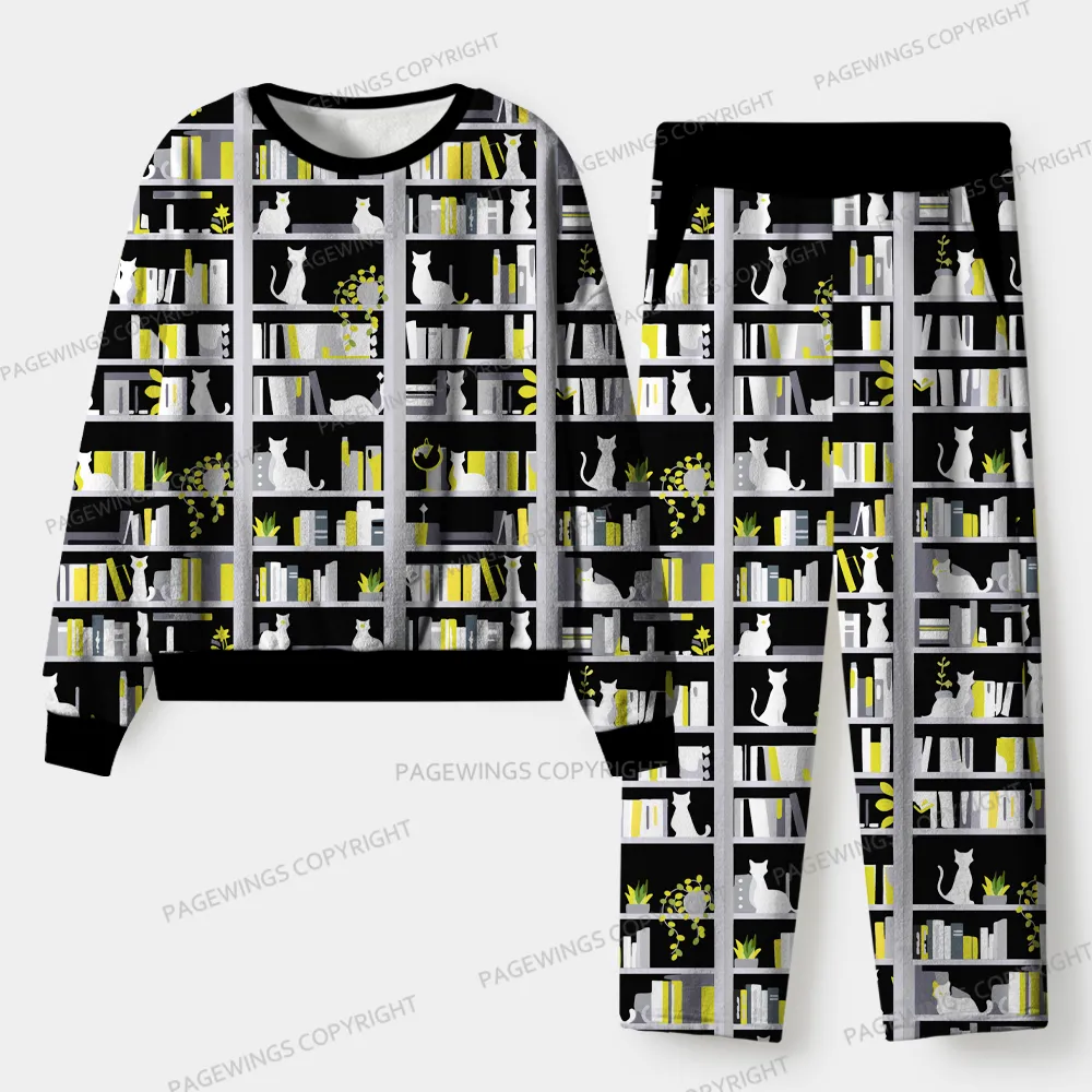 Pagewings Bookshelf And Cats Unisex Flannel Pajama Set