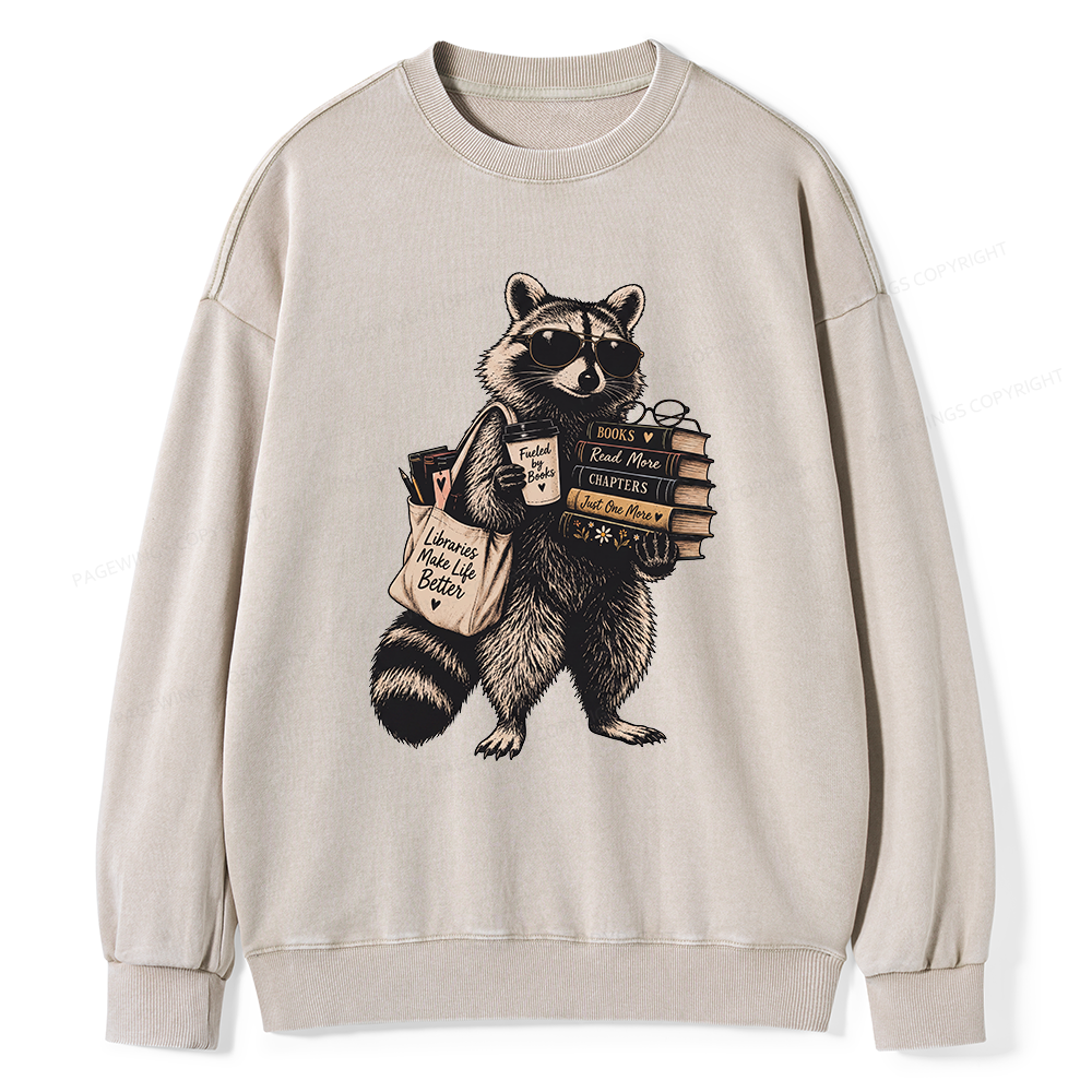 Pagewings Book Lover Raccoon Unisex Washed Sweatshirt