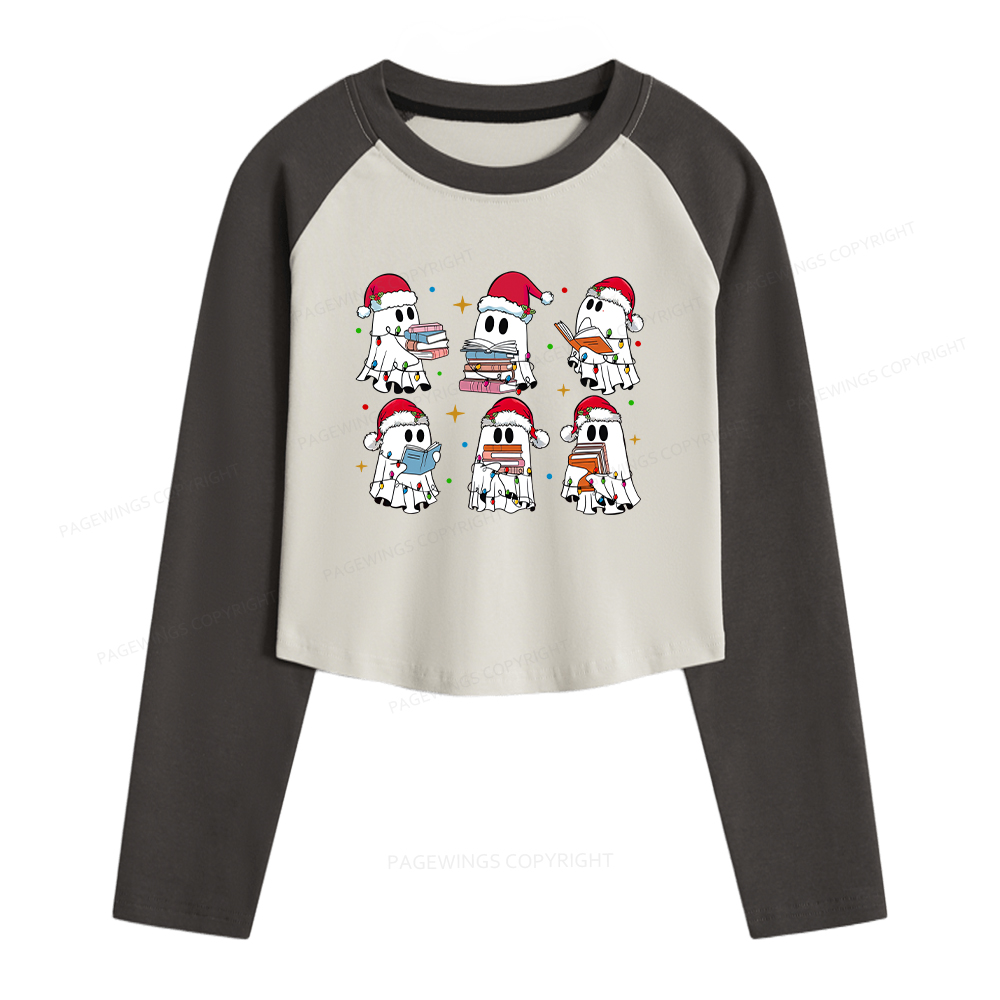 Pagewings Christmas Book Ghost Women Long Sleeve Crop Raglan T-shirt