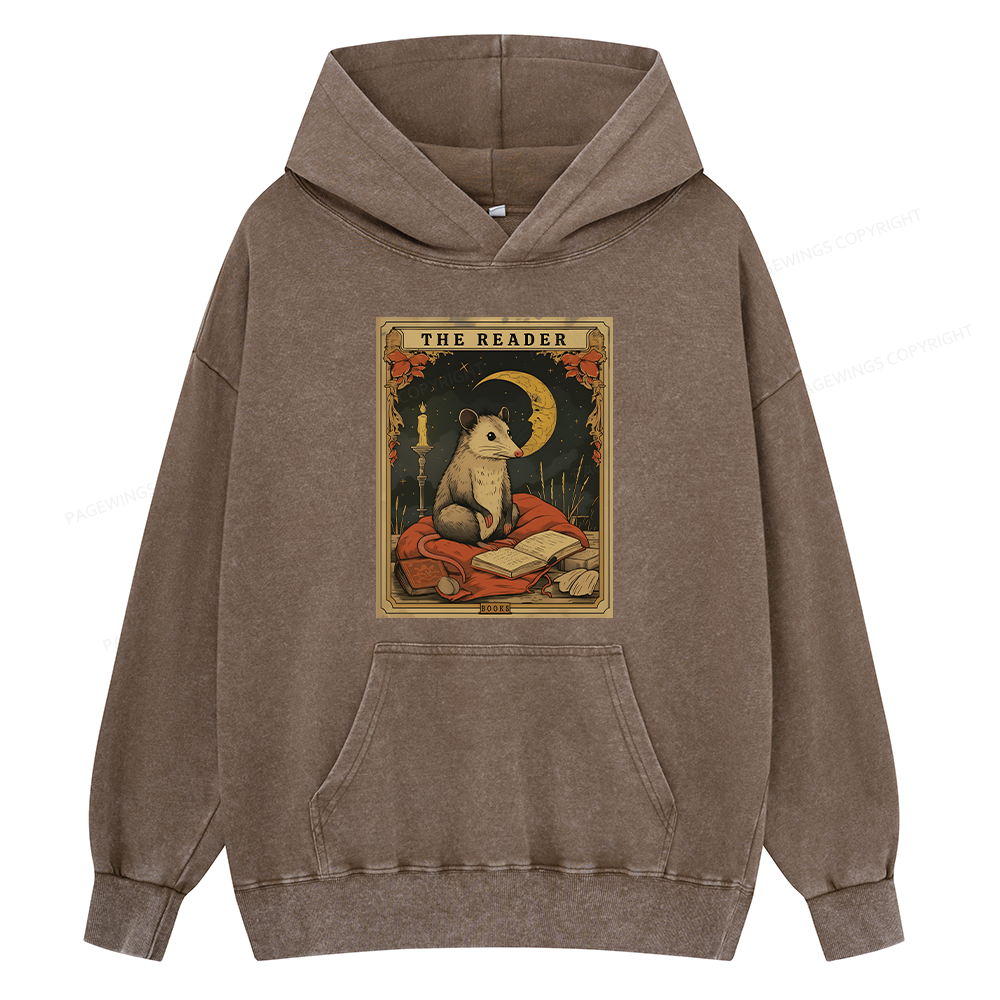 Pagewings The Reader Opossum Tarot Card Unisex Washed Hoodie