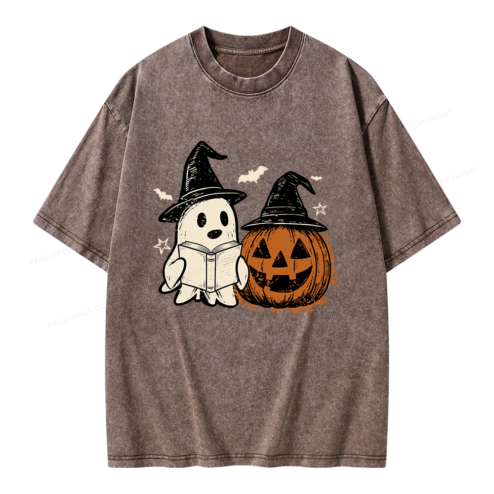 Pagewings Spooky Ghost Pumpkin Halloween Unisex Washed T-shirt