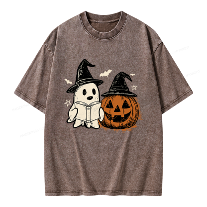 Pagewings Spooky Ghost Pumpkin Halloween Unisex Washed T-shirt