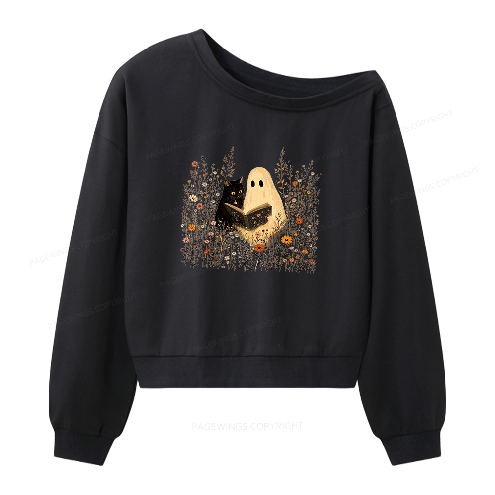 Pagewings Ghost Black Cat Reading Women Off Shoulder Sweatshirt