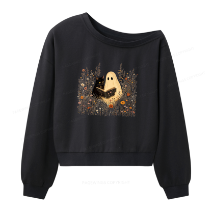 Pagewings Ghost Black Cat Reading Women Off Shoulder Sweatshirt