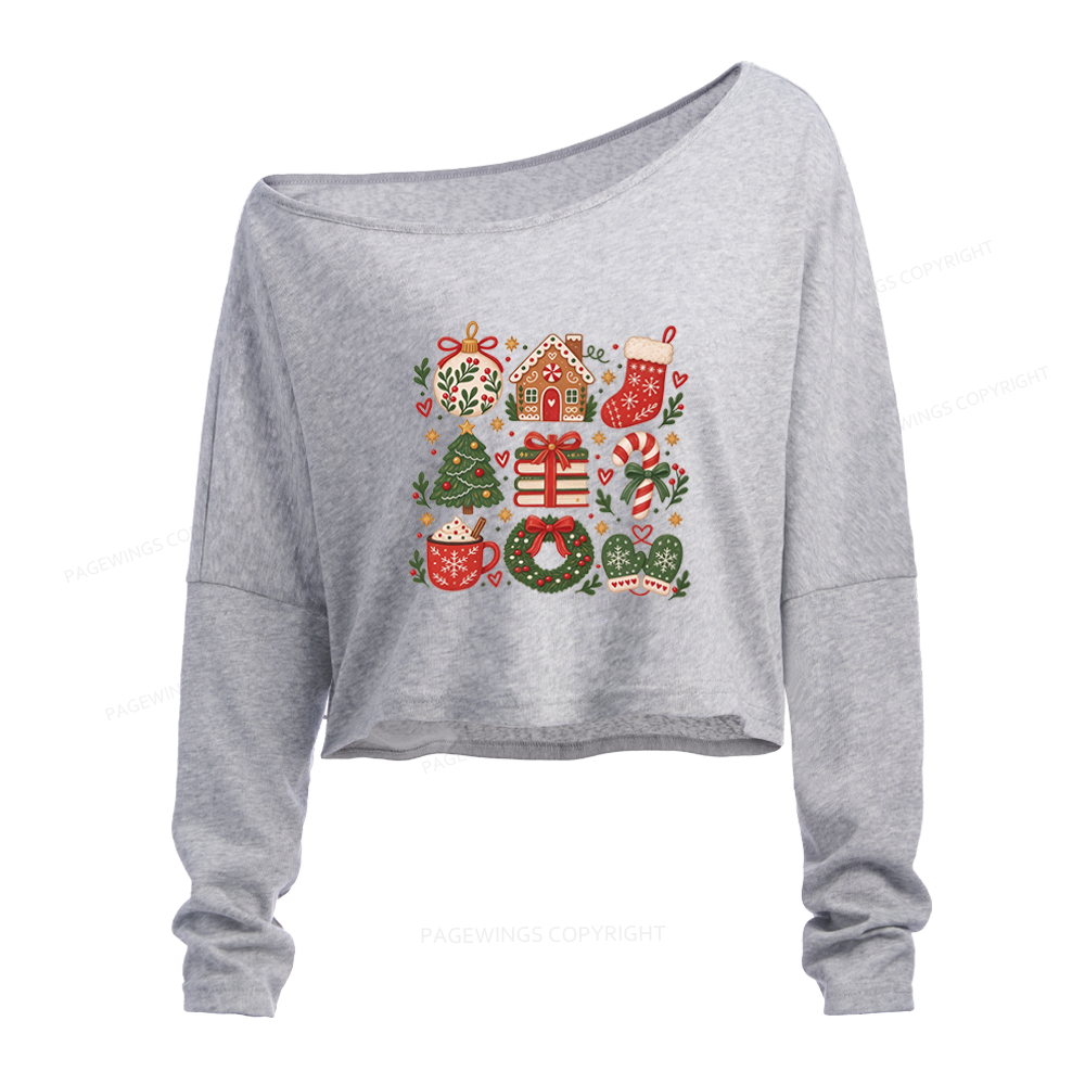 Pagewings Christmas Gift Slouchy Long Sleeve Off Shoulder T-shirt