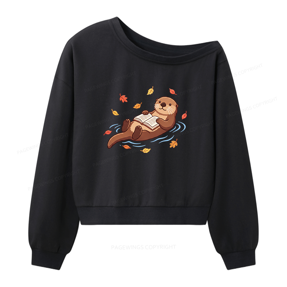 Pagewings Otter Reading Book Women Off Shoulder Sweatshirt