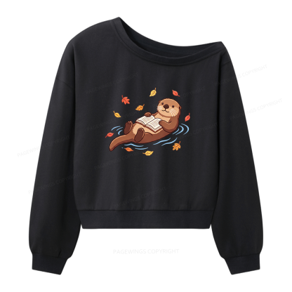 Pagewings Otter Reading Book Women Off Shoulder Sweatshirt