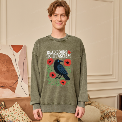 Pagewings Read Books Fight Fascism Unisex Washed Sweatshirt