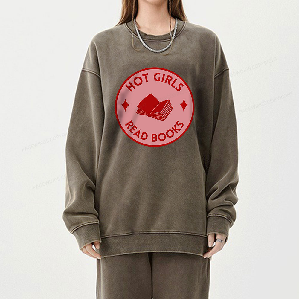 Pagewings Hot Girls Read Books Unisex Washed Sweatshirt