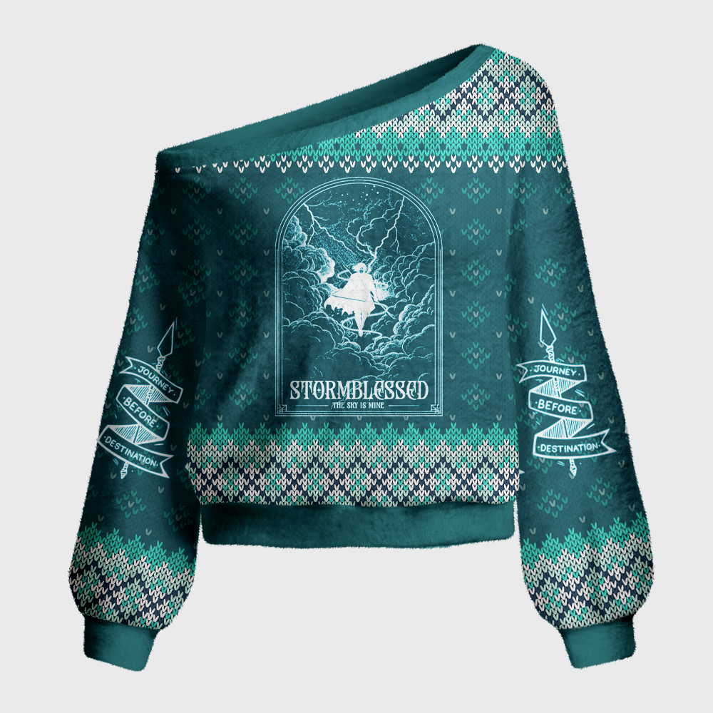 Pagewings Fantasy Bookish Off Shoulder Ugly Knit Sweater