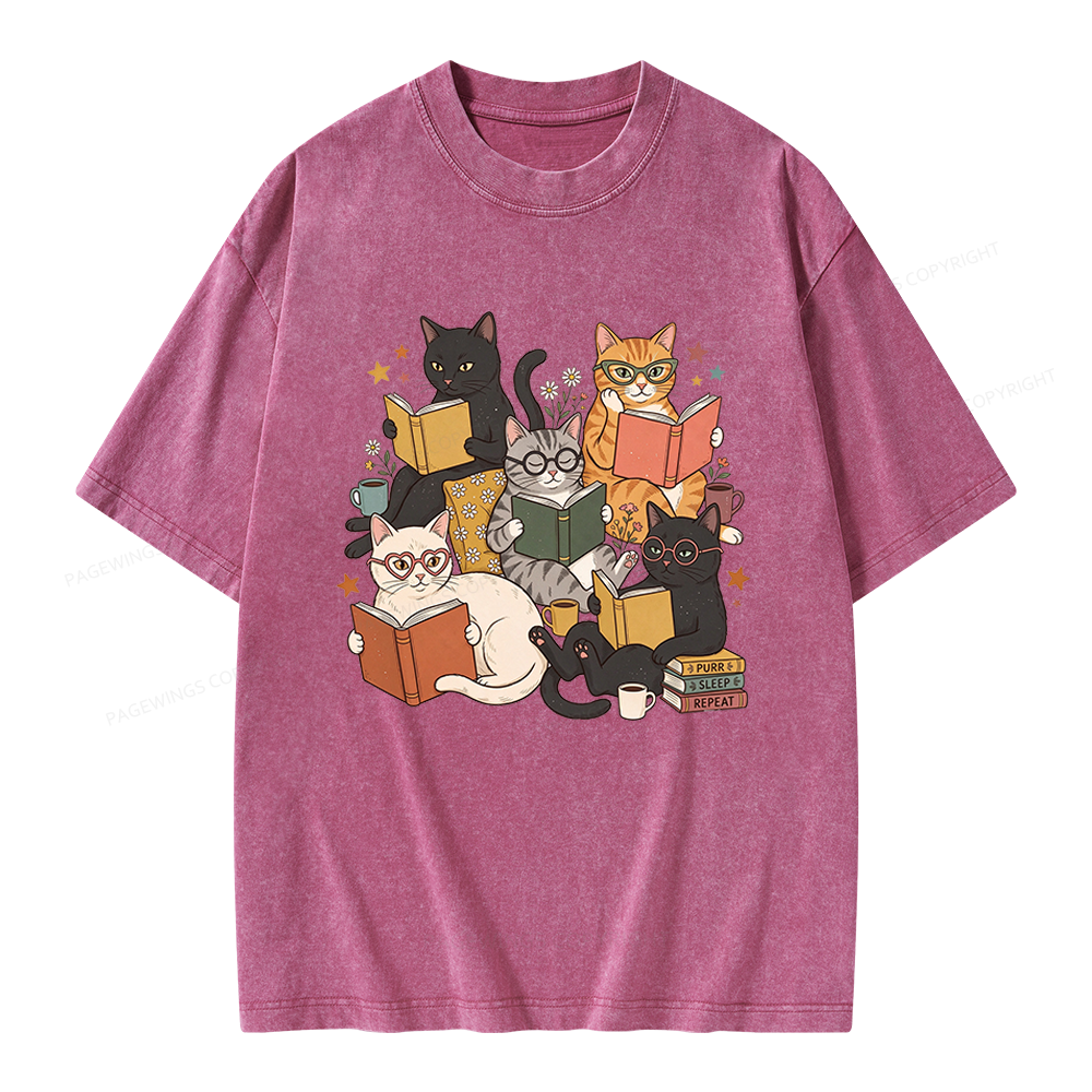 Pagewings Retro Reading Cats Unisex Washed T-shirt