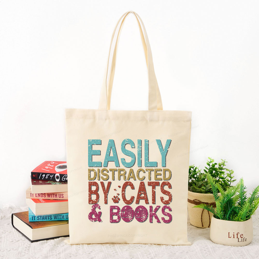 Pagewings Easily Distracted By Cats And Books Tote Bag