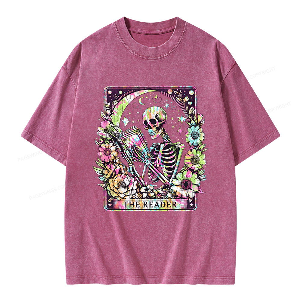 Pagewings The Reader Tarot Card Skeleton Reading Unisex Washed T-shirt
